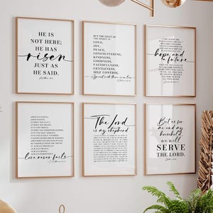 May include: Set of 6 black and white printable wall art prints with inspirational bible verses. The prints feature a modern calligraphy style font and include verses such as "He is not here: He has risen just as He said." and "Love never fails".