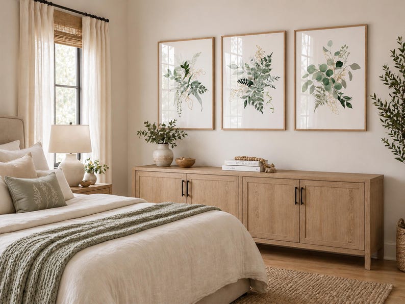 Puede incluir: Una escena de dormitorio con una cama con edred&oacute;n crema y una manta verde. Tres estampados bot&aacute;nicos enmarcados cuelgan sobre un mueble de madera. Una l&aacute;mpara de noche y una ventana con cortinas transparentes completan la escena.