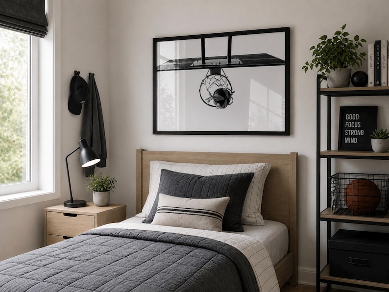 May include: A bedroom scene with a bed, nightstand, and shelving unit. The bed has a gray quilt and pillows. A black and white basketball hoop print hangs above the bed. A black lamp and a small plant sit on the nightstand. The shelving unit holds plants, books, and a basketball.