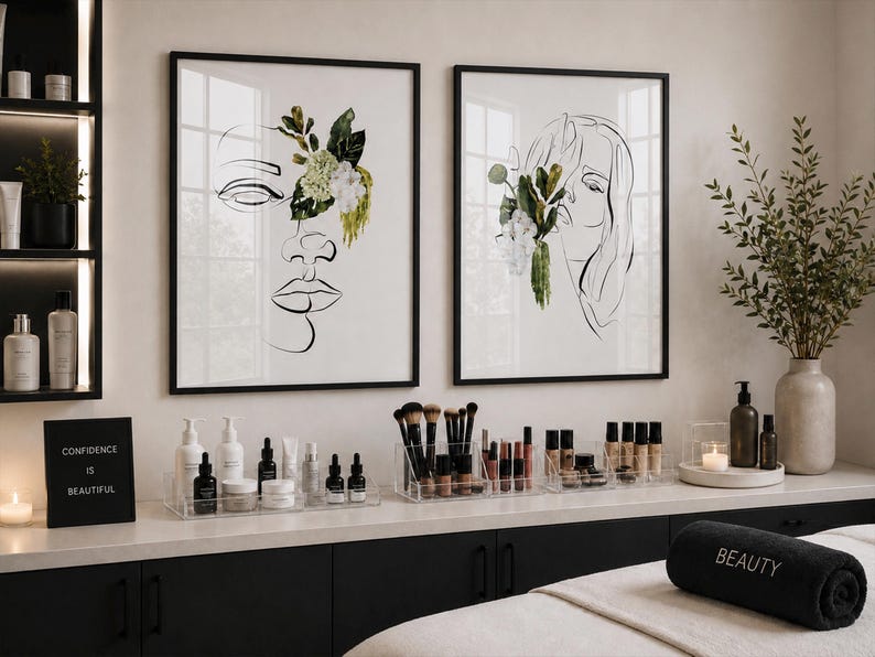 May include: Two framed art prints with black frames, featuring line drawings of faces adorned with floral elements. A black sign reads "CONFIDENCE IS BEAUTIFUL." Various beauty products are displayed on a white countertop.