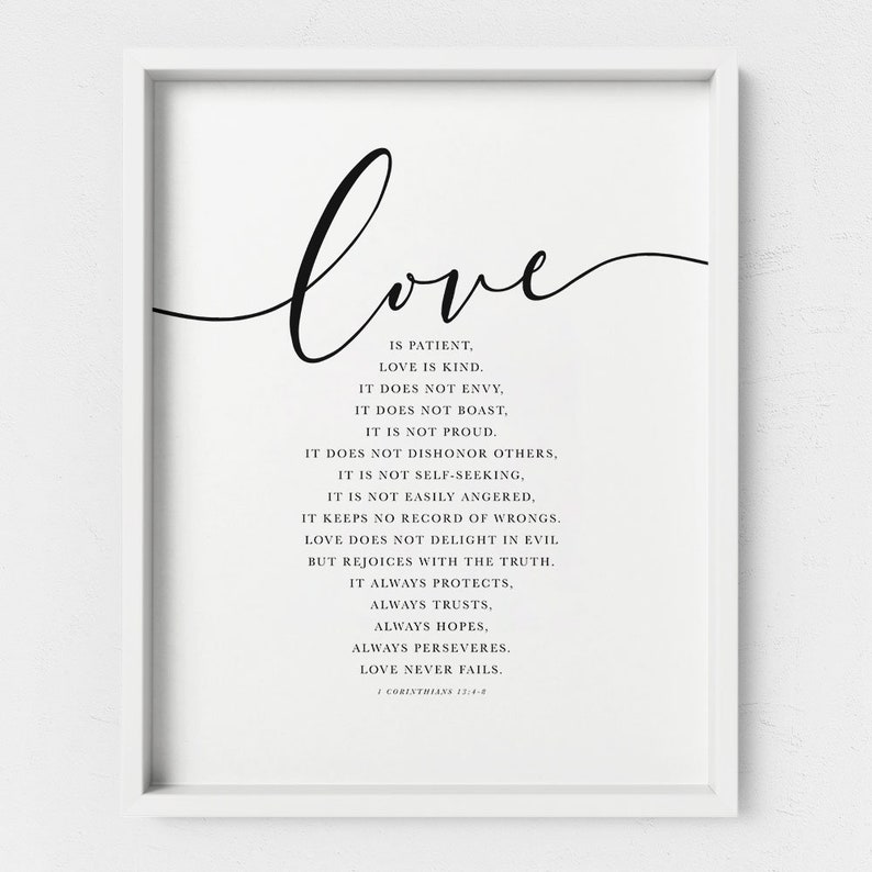 Religious Anniversary or Wedding Gift 1 Corinthians 13 Bible Verse Wall Art Love is Patient Scripture Print for Christian Decor.