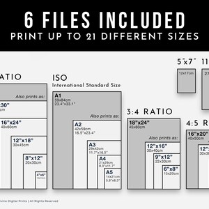 May include: A chart showing different print sizes for digital art prints. The chart includes 2:3, 3:4, and 4:5 ratios, as well as ISO standard sizes. The chart also includes the measurements in inches and centimeters.