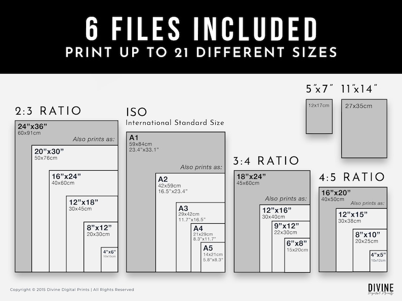 May include: A chart showing different print sizes for digital art prints. The chart includes 2:3, 3:4, and 4:5 ratios, as well as ISO standard sizes. The chart also includes the measurements in inches and centimeters.
