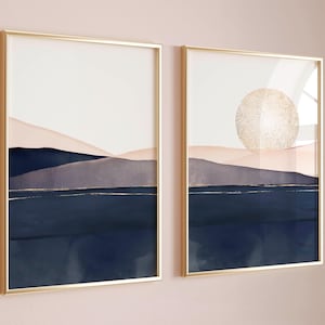 Abstract Wall Art Watercolor of Sunset In Navy Blue Pink Gold, Contemporary Set of 2 Prints, Above Bed Decor