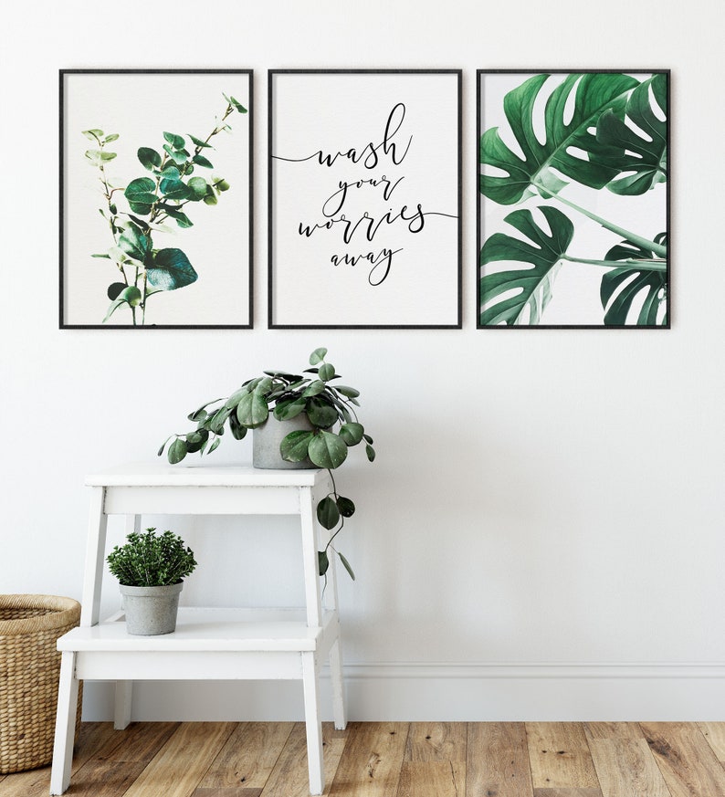 Wash Your Worries Away Bathroom Wall Art, Botanical Eucalyptus Monstera Leaf, Guest Washroom Decor Prints, Printable Art 