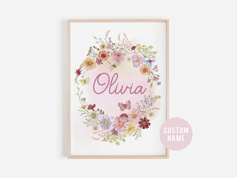 Wildflower Butterfly Custom Name Print, Newborn Baby Shower Gift