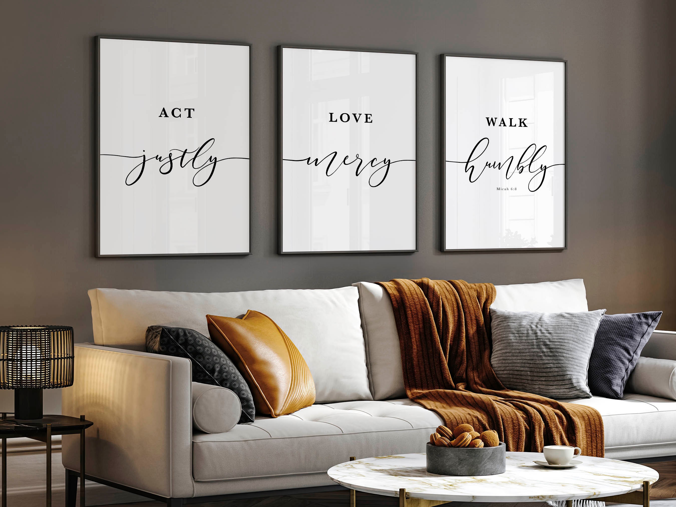 Above couch wall decor living room large wall art modern christian bible art set of 3 prints scripture Micah 6 8 Walk Humbly printable