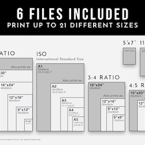 May include: A graphic showing various print sizes, including 2:3, ISO, 3:4, and 4:5 ratios. Sizes range from 4"x5" to 24"x36", with corresponding metric measurements. Text states "6 FILES INCLUDED" and "PRINT UP TO 21 DIFFERENT SIZES".