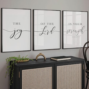 Nehemiah 8:10 Bible Verse Wall Art, Scripture Bible Quote Set of 3 Prints, Christian Decor, The joy of the Lord is your strength
