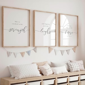Bible Verse Wall Art of Proverbs 31 25, She is clothed with strength and dignity, Scripture Christian Nursery Decor Set of 3