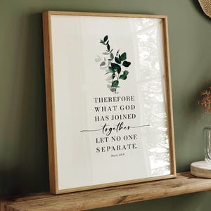 Christian couple wedding anniversary gift idea, Bible verse wall art Mark 10:9, scripture together quote, farmhouse watercolor home decor