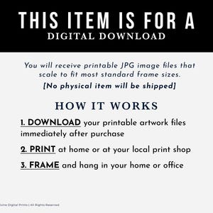 Puede incluir: Anuncio de descarga digital sobre fondo blanco. El texto negro dice "THIS ITEM IS FOR A DIGITAL DOWNLOAD." Siguen las instrucciones sobre c&oacute;mo descargar, imprimir y enmarcar los archivos JPG imprimibles. No se env&iacute;a ning&uacute;n art&iacute;culo f&iacute;sico.