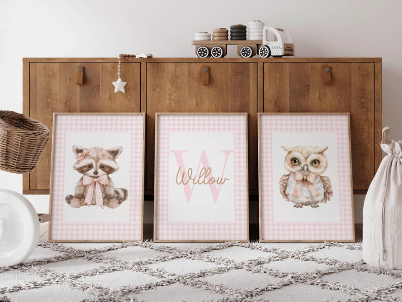Woodland Animal Custom Name Nursery Decor, Owl Raccoon Bow Girl Sign