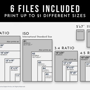 Puede incluir: Una gu&iacute;a de tama&ntilde;os de impresi&oacute;n digital con varias relaciones de aspecto y tama&ntilde;os, incluyendo 2:3, ISO, 3:4 y 4:5. Los tama&ntilde;os se muestran en cent&iacute;metros y pulgadas, como 24"x36" (60x91cm), 20"x30" (50x76cm), y A1, A2, A3, A4, A5. El texto dice "6 ARCHIVOS INCLUIDOS IMPRIME HASTA 21 TAMA&Ntilde;OS DIFERENTES".