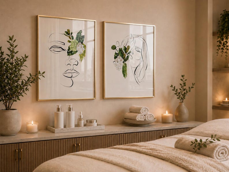 May include: Two framed art prints with gold frames, featuring line drawings of faces with floral accents. The scene includes spa-like decor: candles, rolled towels, and skincare products, creating a serene and relaxing atmosphere.