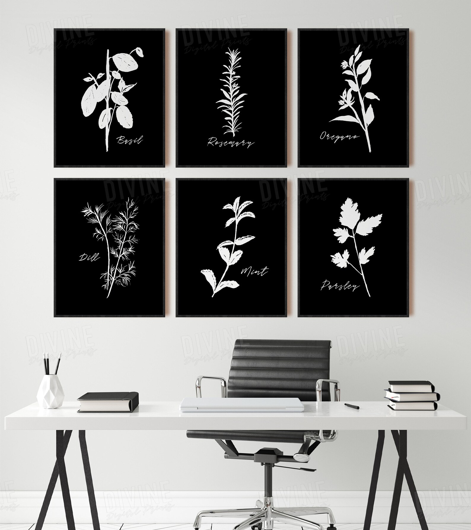 Black Kitchen Wall Art Herb Prints Modern Dinning Room Etsy
