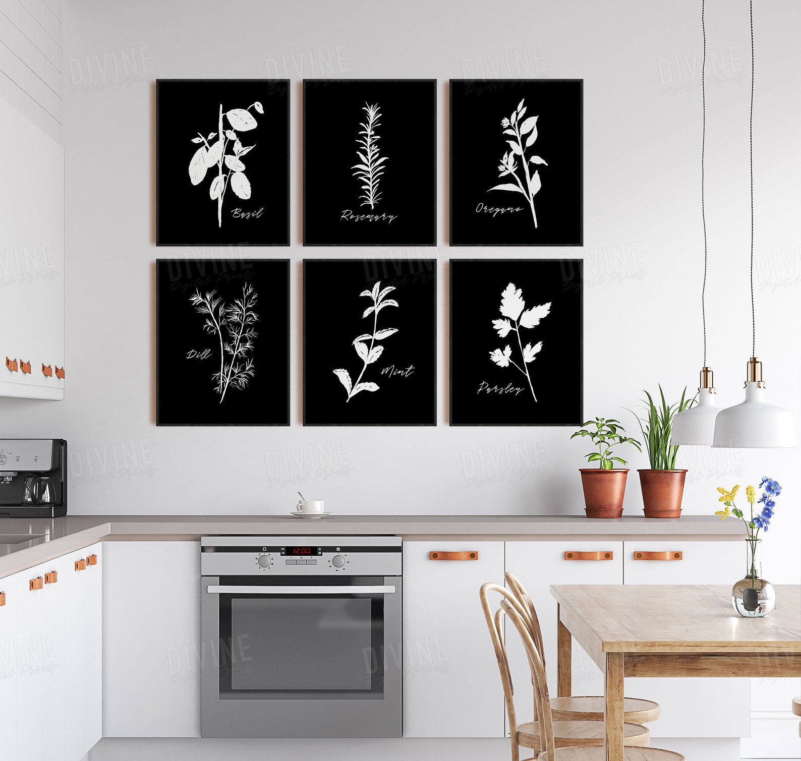 Black Kitchen Wall Art Modern Decor Herb Prints Farmhouse Etsy