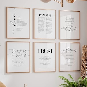 May include: Set of eight black and white printable wall art prints with inspirational quotes and bible verses. The prints feature a minimalist design with a white background and black text.