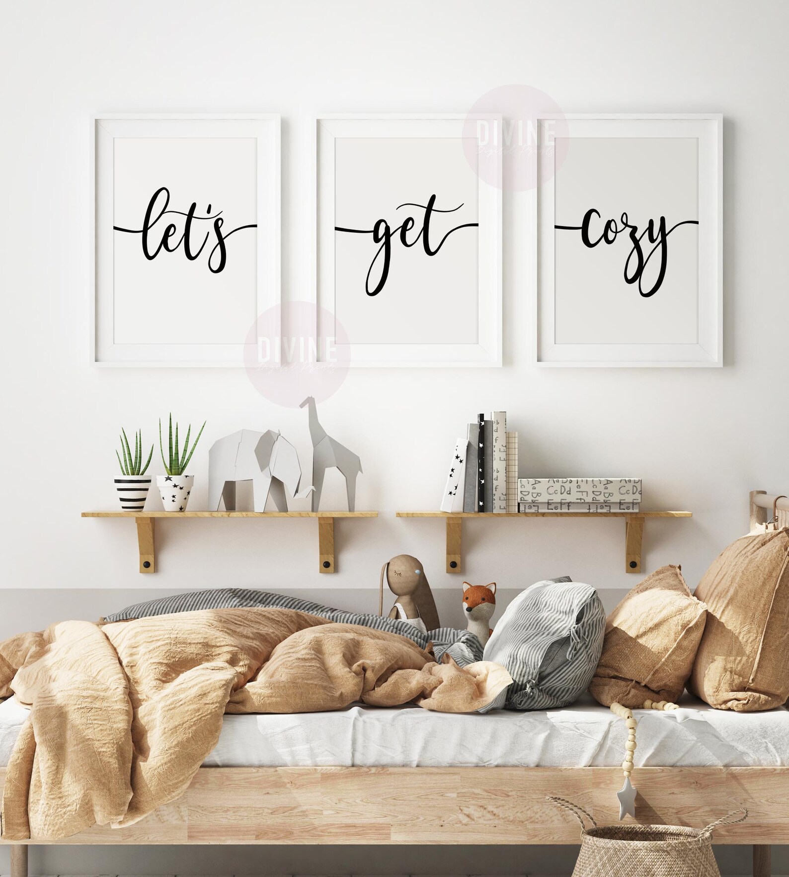 Lets Get Cozy Art 3 Piece Bedroom Artwork Behind Bed Wall Etsy