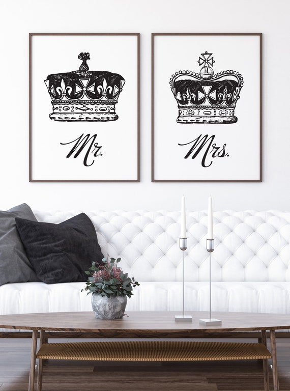 Mr And Mrs King Queen Crown Set Of 2 Bedroom Print His Hers Valentines Day Gift Love Print Bed Set Queen Royal Bedroom