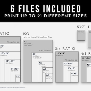 Puede incluir: Imagen que muestra varios tama&ntilde;os de impresi&oacute;n, incluyendo proporciones 2:3, ISO, 3:4 y 4:5, con dimensiones en cm y pulgadas. El texto dice "6 ARCHIVOS INCLUIDOS" y "IMPRIME HASTA 21 TAMA&Ntilde;OS DIFERENTES".