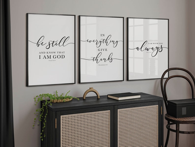 Bible Verse Wall Art Gallery Set of 3 Prints, Be Still, In Everything Give Thanks, I Am With You Always, Scripture Art For Christian Decor image 5