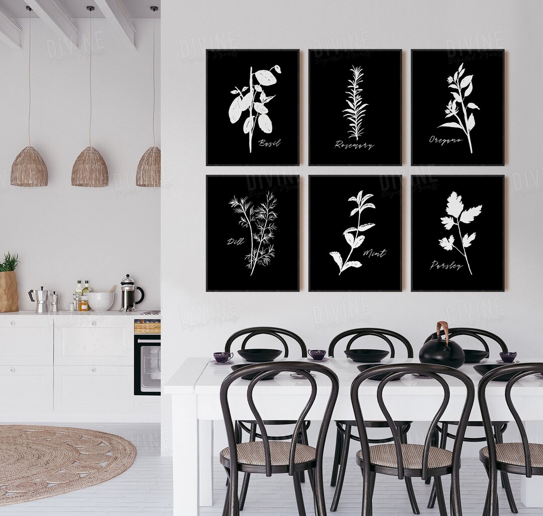 Black Kitchen Wall Art, Herb Prints, Modern Dinning Room Decor