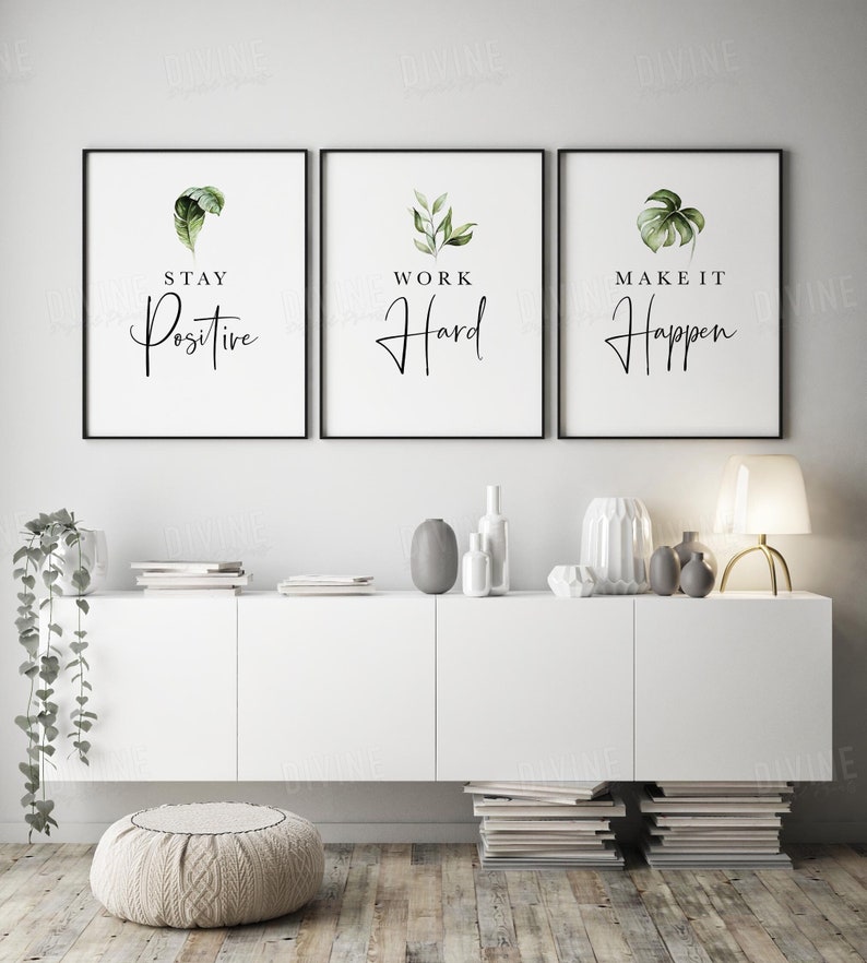 Office decor wall art, Stay positive work hard make it happen, Printable wall art set of 3, Inspirational Quote, Motivational Botanical Leaf 