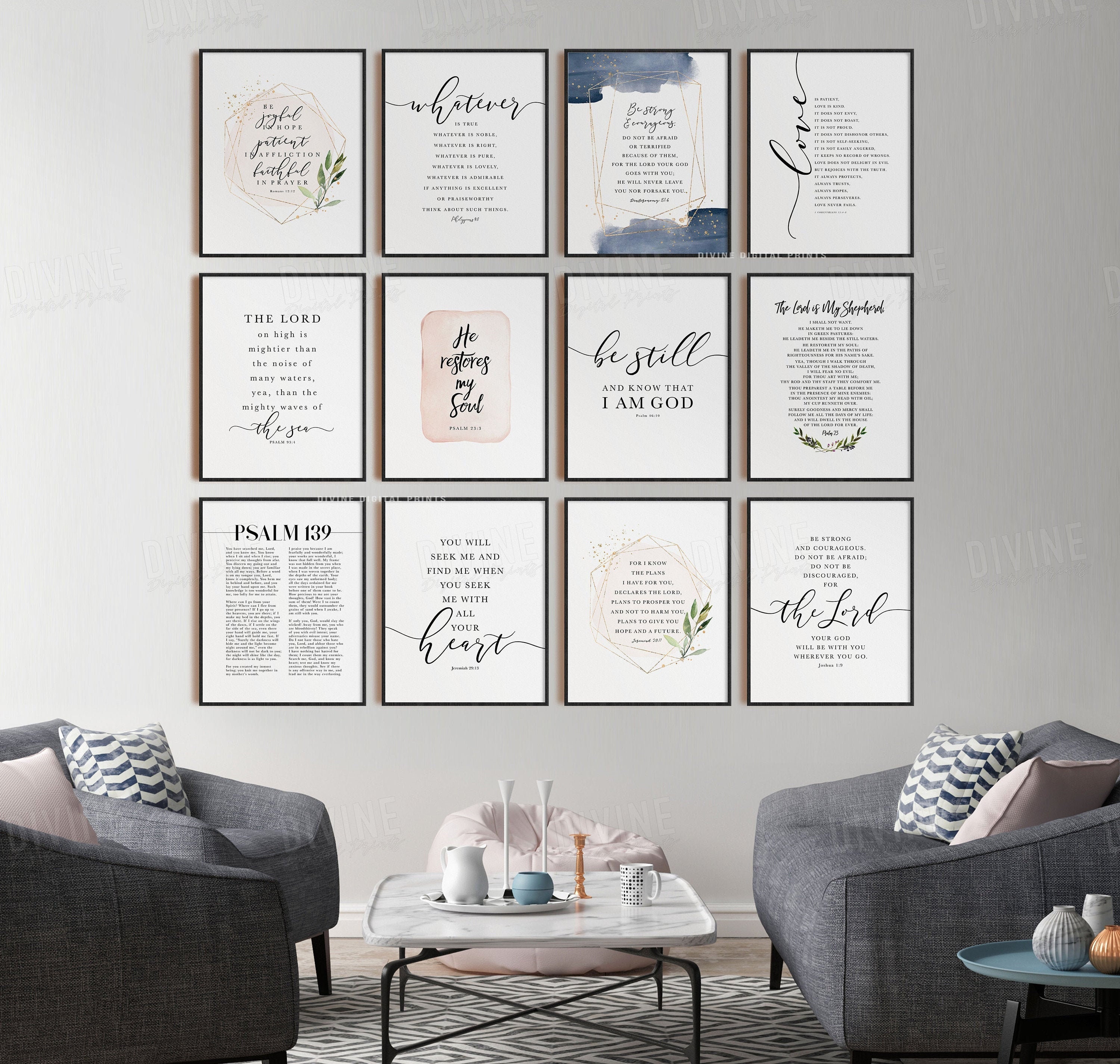 Set of 12 Scripture Gallery Set, Christian Prints, Bible Verse Wall Art ...