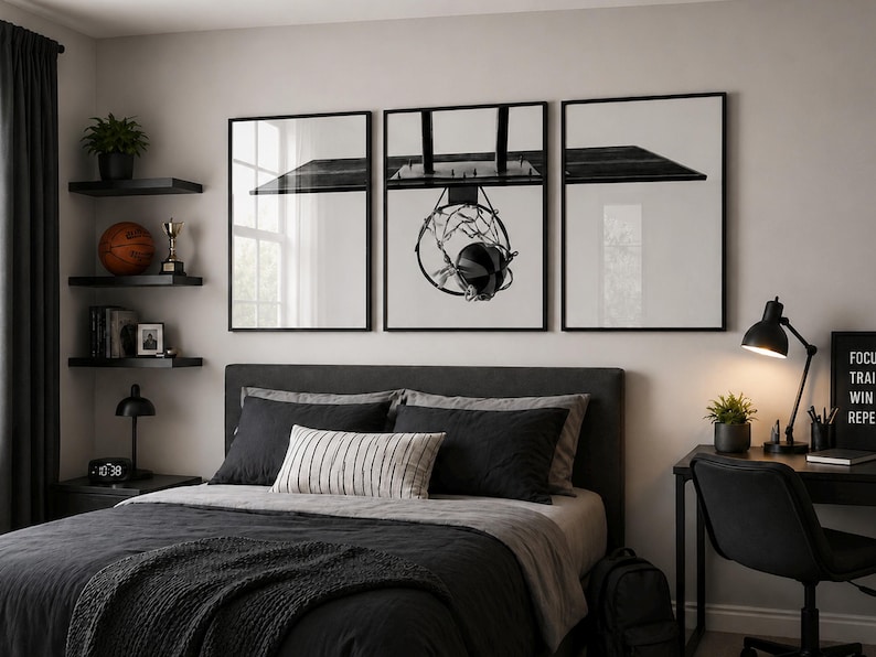 May include: A triptych wall art set featuring a black and white photograph of a basketball hoop and backboard. The three framed prints are displayed horizontally above a bed, showcasing a minimalist aesthetic with high-contrast monochrome tones.