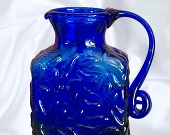 Bristol Blue style cobalt rippled glass mini pitcher vintage 1950s collectible with small area of damage