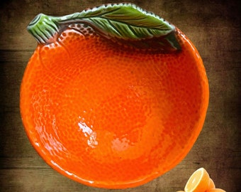 Italica Ars vintage 1960s mid century small figural orange majolica style citrus bowl