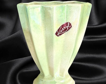 Kerryl Pottery Melbourne vintage 1950s Art Deco style 18cm fluted vase green gold glaze