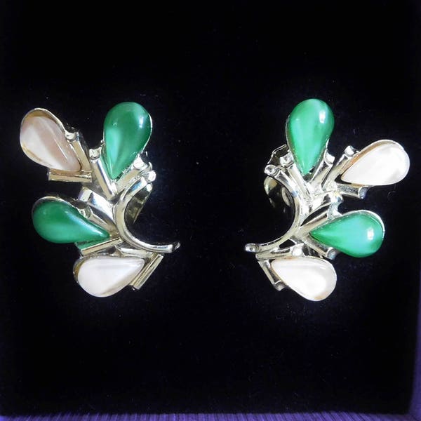 1960s silvertone clip on earrings, non pierced, green and pale pink stones, retro jewellery, gift box
