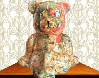 Joan Baker Designs Porcelain Patchwork floral ceramic shelf-sitting 14.5cm bear