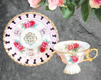 JAC Japanese vintage 1960s lusterware fine bone china pink floral demitasse high tea cup and saucer duo