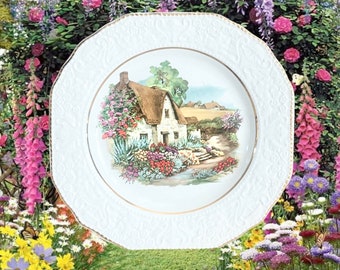Prinknash Pottery vintage 1970s decorative pearlware plate featuring cottage garden scene