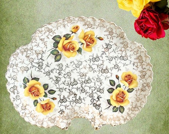 Old Foley James Kent Staffordshire England yellow roses sandwich cake plate vintage 1960s