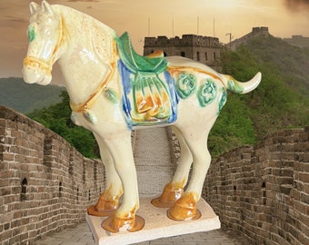 Chinese Tang Dynasty style ceramic porcelain war horse figurine with Long Peace inscription