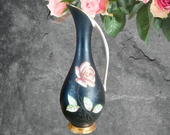 Royal Porzellan Bavaria KM Germany 1950s small black porcelain pitcher or vase with rose motif
