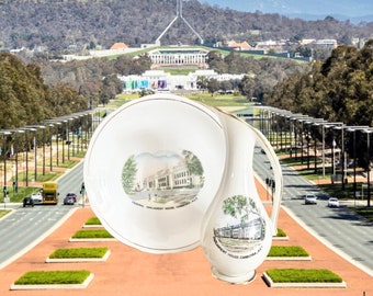 Royal Stafford and Victoria China 1950s souvenir saucer and small milk jug both featuring Parliament House Canberra