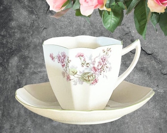 1920s Art Deco unmarked fine bone china octagonal cup and saucer duo floral theme