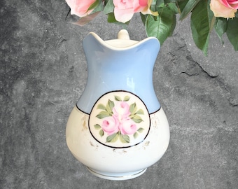 West German mid century blue and white milk jug creamer with pink rose motif