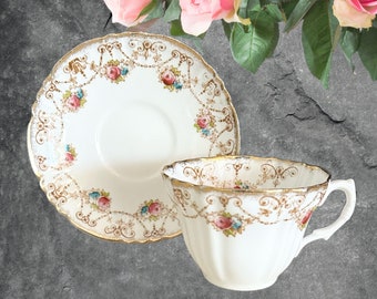 Excella Best English China Guaranteed fine fluted porcelain tea cup and saucer duo vintage 1920s