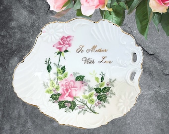 To Mother With Love 15cm decorative porcelain trinket pin ring dish vintage 1970s made in Japan