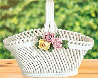 Capodimonte open weave pottery basket with rose accents, made in Italy vintage 1950s