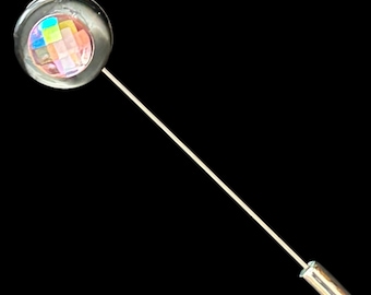Upcycled soft black and grey chic vintage 1960s silver tone button stick pin