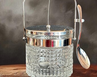 Hobnail glass vintage 1960s sugar bowl with silver plate cantilever lid and spoon made in England