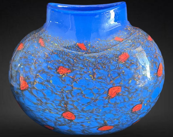 Featured listing image: Maureen Williams signed blue and red hand blown studio art glass vase