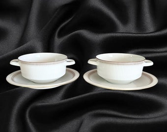 Arzberg Larissa vintage twin handled ribbed soup bowls with matching saucers